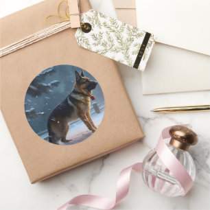 Pegatina Redonda Temporada festiva de Navidades de pastores alemane