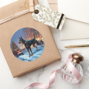 Pegatina Redonda Temporada festiva de Navidades Doberman