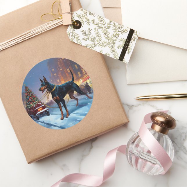 Pegatina Redonda Temporada festiva de Navidades Doberman (Regalar)