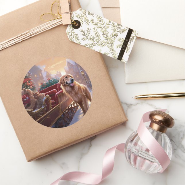 Pegatina Redonda Temporada festiva de Navidades Golden Retriever (Regalar)