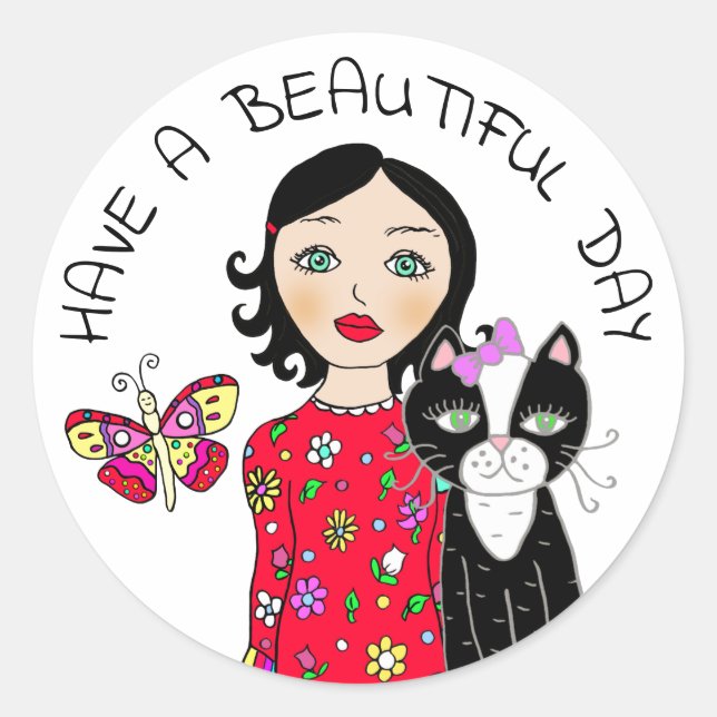 Pegatina Redonda Ten un bello día, un caprichoso Chica de arte folc (Anverso)