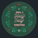 Pegatina Redonda Ten un Holly Jolly Christmas Stickers<br><div class="desc">Los Pegatinas Vintage elegantes y modernos de Navidad cuentan con un fondo nevado, copos de nieve, cintas, letras ornamentales florecientes y un tema de guirnaldas botánicas para representar lo mejor de las vacaciones. Está inspirado en las canciones Navidades de Navidades del pasado de la letra "Ten un Navidad de Holly...</div>