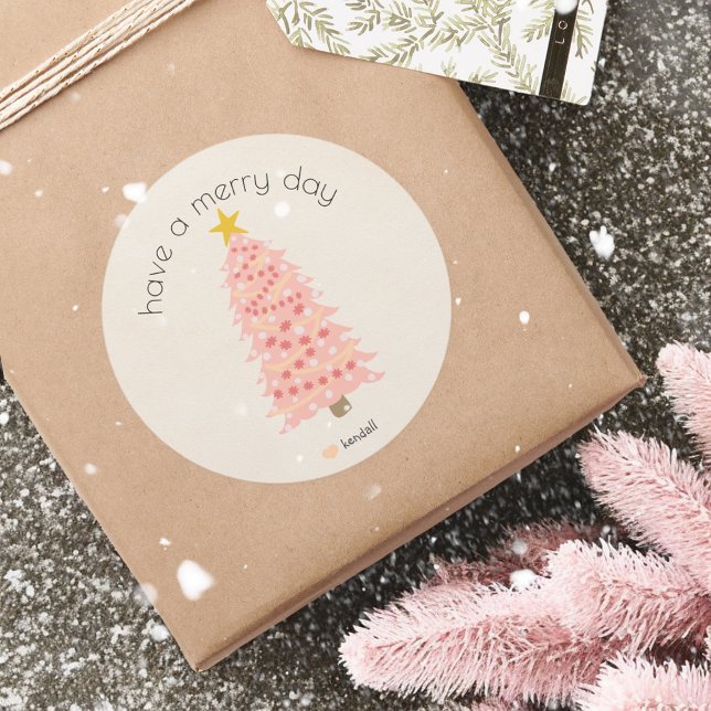 Pegatina Redonda Tener un nombre personalizado de Feliz Día Árbol d (Subido por el creador)