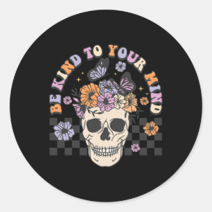 Pegatina Redonda Tenga Amabilidad Con Su Mente Retro Floral Skull M