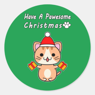 Pegatina Redonda Tenga una Navidad Pawesome - Gato Atigrado Rojizo
