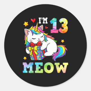 Pegatina Redonda Tengo 13 años Gato Maow Unicornio Cumpleaños 13