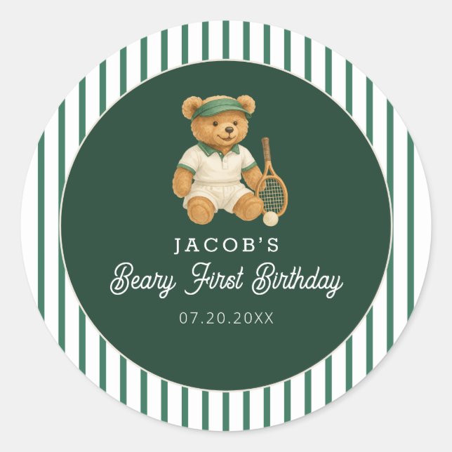 Pegatina Redonda Tenis Preppy Bear primer cumpleaños (Anverso)