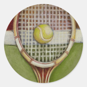 Pegatina Redonda Tenis Racket con bolas en pista