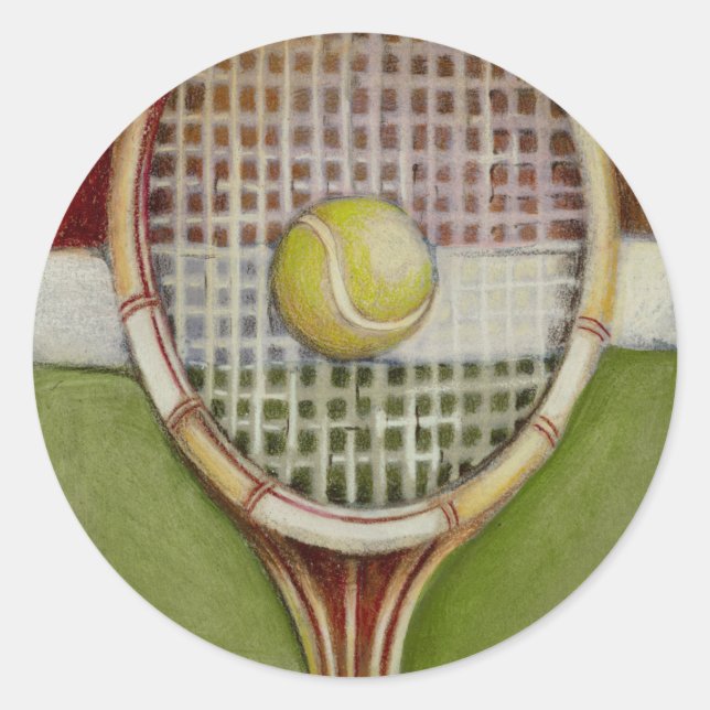 Pegatina Redonda Tenis Racket con bolas en pista (Anverso)