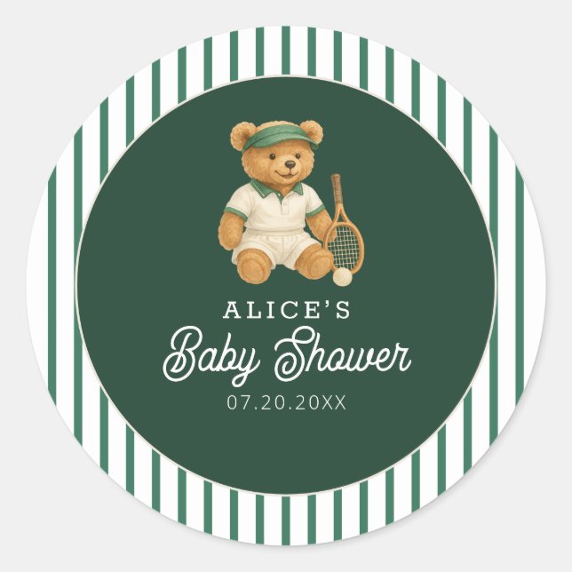 Pegatina Redonda Tennis Preppy Bear Baby Shower (Anverso)