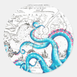 Pegatina Redonda Tentáculos azul rosado blanqueado