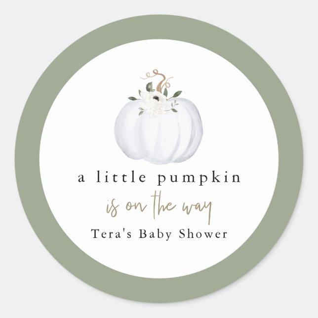 Pegatina Redonda TERA Fall Greenery White Pumpkin Baby Shower (Anverso)