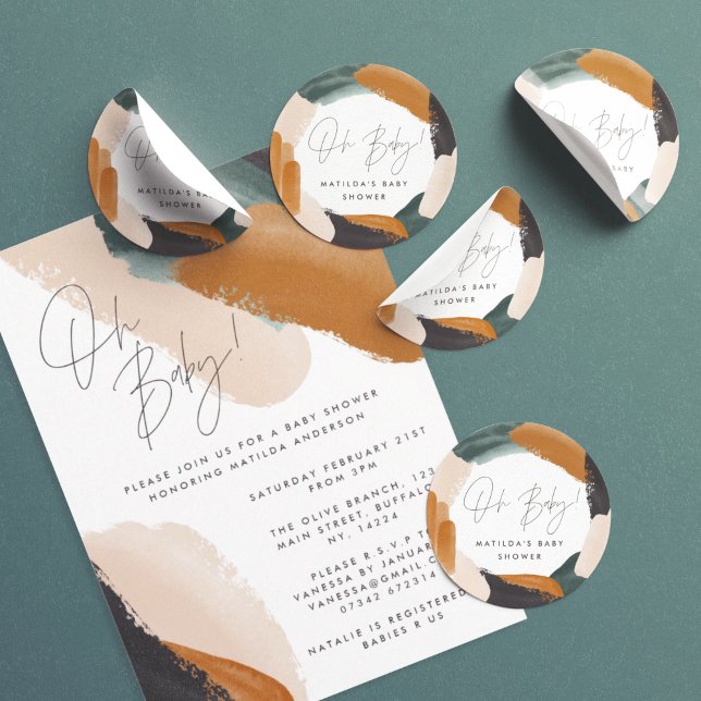 Pegatina Redonda Teracota verde abstracta acuarela ducha de bebé (Subido por el creador)