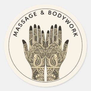 Pegatina Redonda Terapia de Masaje Mehndi Henna Manos Sanadoras
