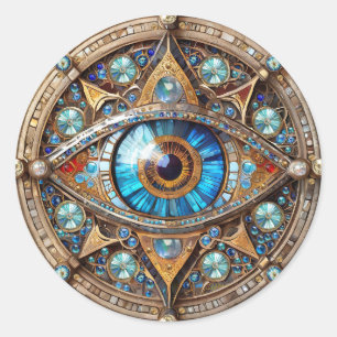 Pegatina Redonda Tercer Ojo - Mandala de Oro Azul Turquesa