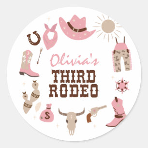 Pegatina Redonda Tercer Rodeo Cumpleaños Vaquero Occidental Rosa 3