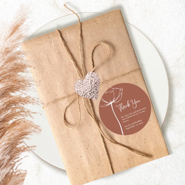 Pegatina Redonda Terracota Bold Simple Boda Floral Gracias (Subido por el creador)