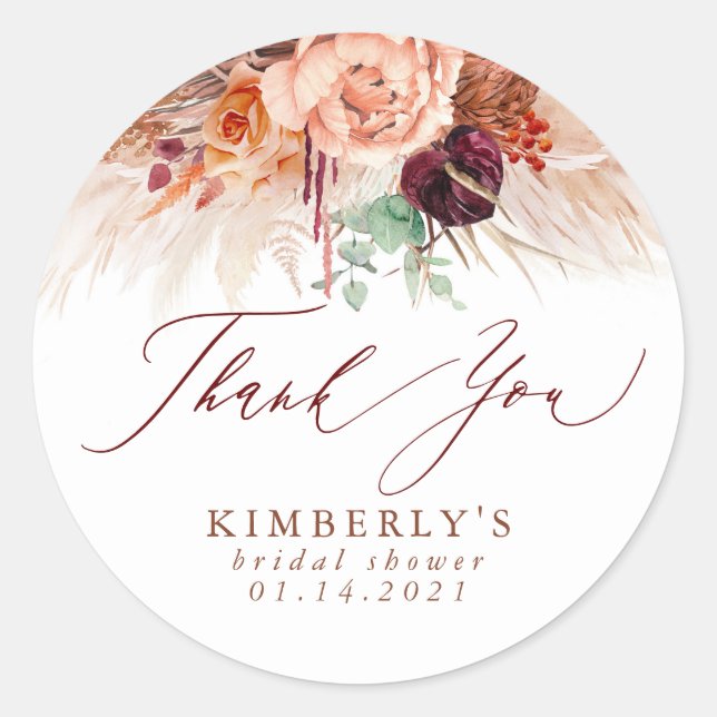 Pegatina Redonda Terracota Flor de Pampas Gracias (Anverso)