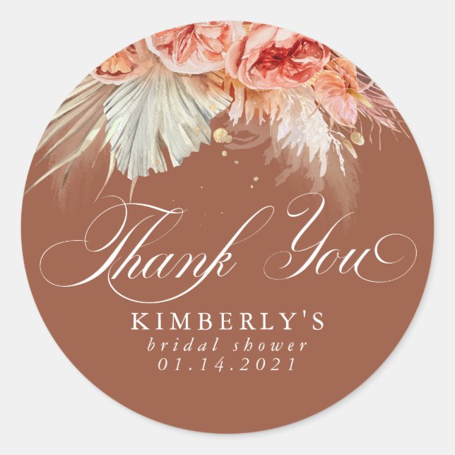 Pegatina Redonda Terracota Floral de Pampas de Hierba Gracias (Anverso)