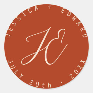 Pegatina Redonda Terracota Simple Monograma Moderno Guión Mínimo