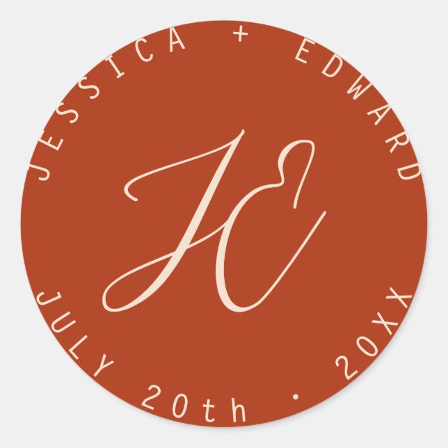 Pegatina Redonda Terracota Simple Monograma Moderno Guión Mínimo (Anverso)