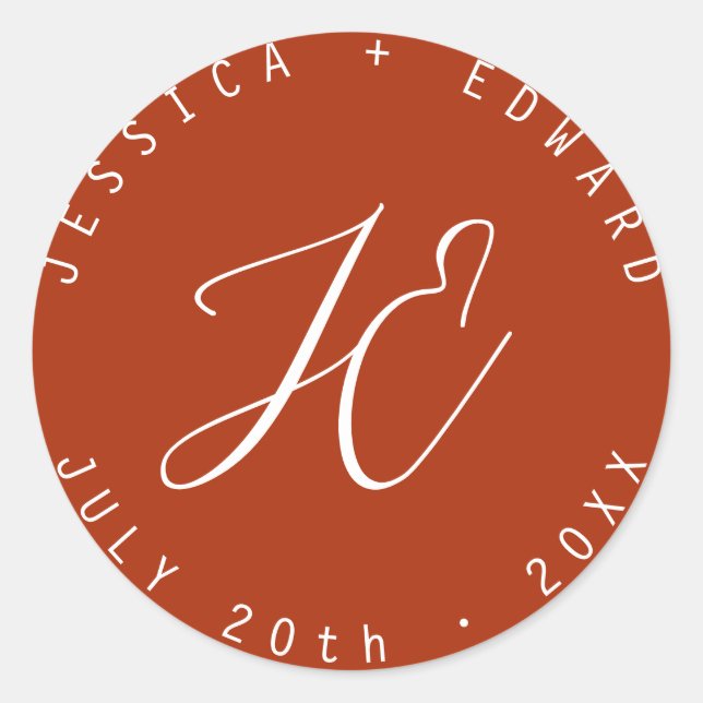 Pegatina Redonda Terracota Simple Monograma Moderno Guión Mínimo (Anverso)