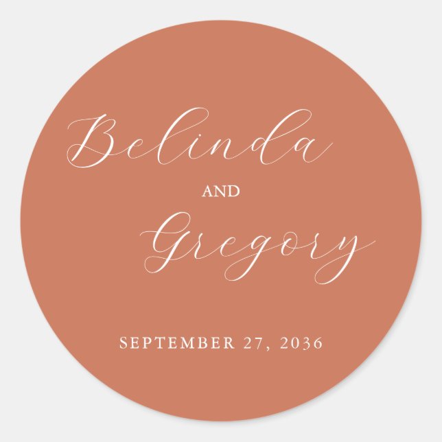 Pegatina Redonda Terracotta Elegant Script Calligraphy Boda (Anverso)