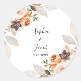 Pegatina Redonda Terracotta Floral Naranja Boho Fall Wedding