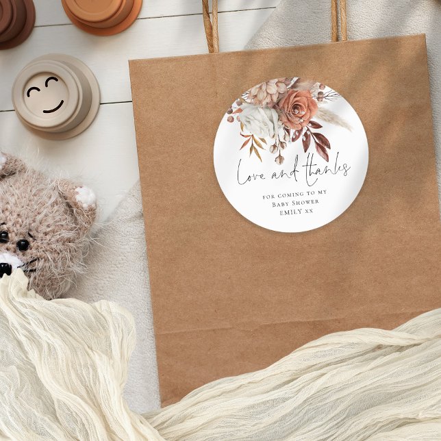 Pegatina Redonda Terracotta Florals Love Gracias Baby Shower (Subido por el creador)