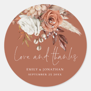 Pegatina Redonda Terracotta Florals Love Gracias Boda Rust