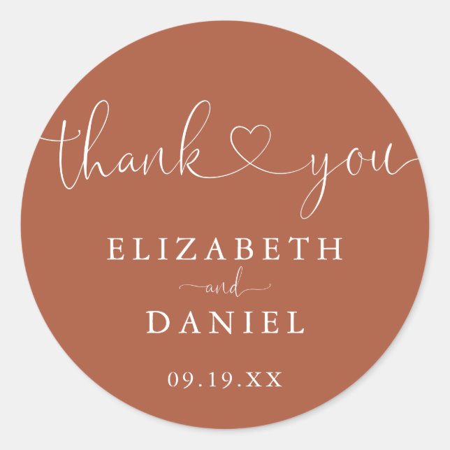 Pegatina Redonda Terracotta Heart Script Gracias Favor De La Boda (Anverso)