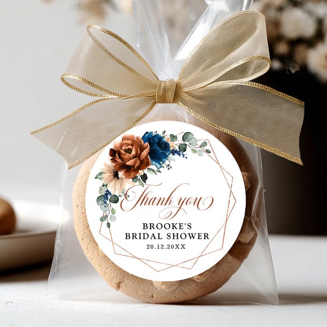 Pegatina Redonda Terracotta Marina Azul Verde Geométrico Gracias (Terracotta Navy Blue Greenery Geometric Thank you Classic Round Sticker)