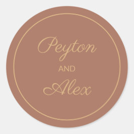 Pegatina Redonda Terracotta Naranja quemado Cae Novia Groom Nombre