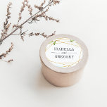 Pegatina Redonda Terrario | Boda Botánico Verde<br><div class="desc">Selle sus sobres de invitación o sus favores con estos elegantes stickers botánicos de boda con sus nombres enmarcados por elementos geométricos dorados y acentuados con pequeños brotes de vegetación acuática. Coordina con nuestra colección de bodas Terrarium.</div>