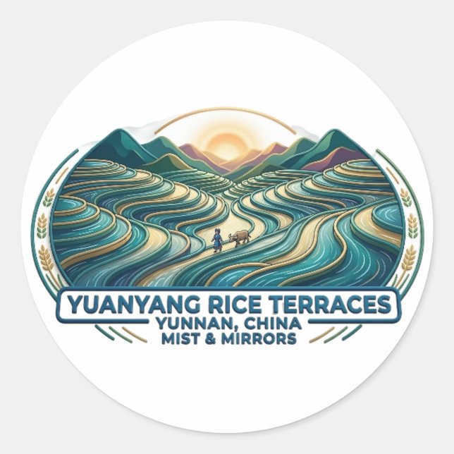 PEGATINA REDONDA TERRAZAS DE ARROZ DE YUANYANG (Anverso)