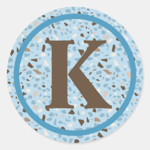 Pegatina Redonda Terrazzo Monograma Azul Tan Marrón Moderno