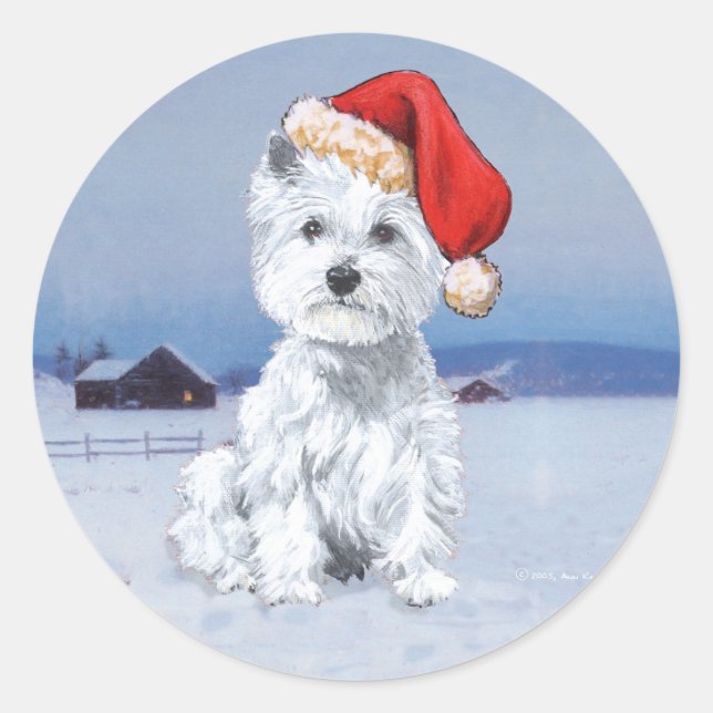 Pegatina Redonda Terrier Blanco de West Highland Navidad (Anverso)