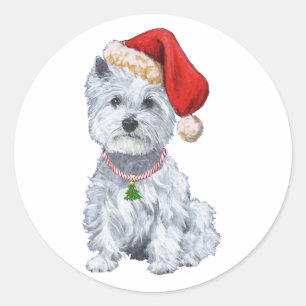 Pegatina Redonda Terrier Blanco de West Highland Santa Claus