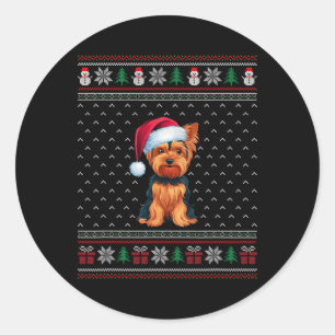 Pegatina Redonda Terrier de Yorkshire llevando perro de navidad de 