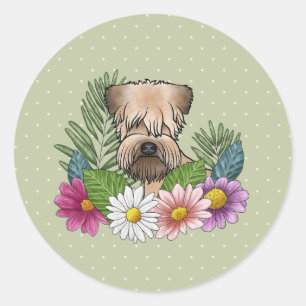 Pegatina Redonda Terrier Wheaten de Pelaje Suave Flores Coloridas V