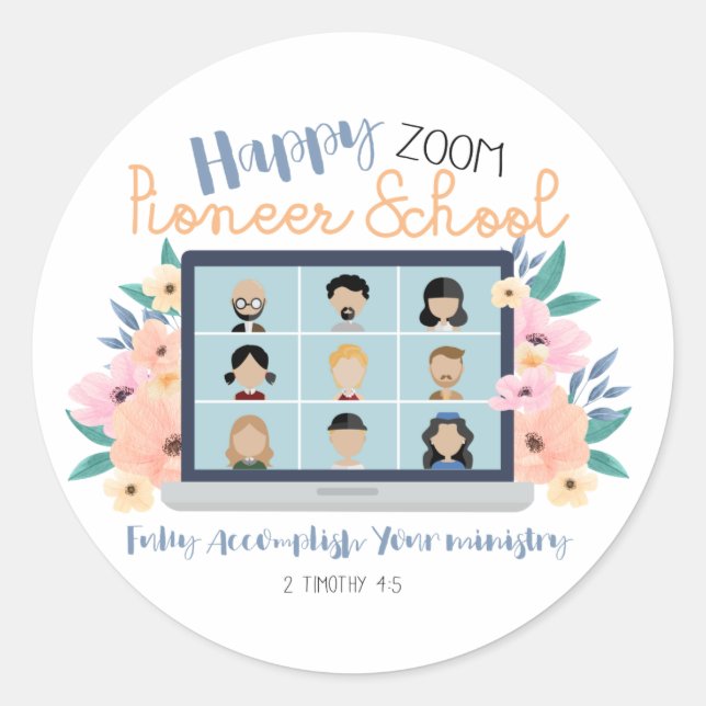 Pegatina Redonda Testigo de Jehová Happy Zoom Pioneer School 2022 (Anverso)