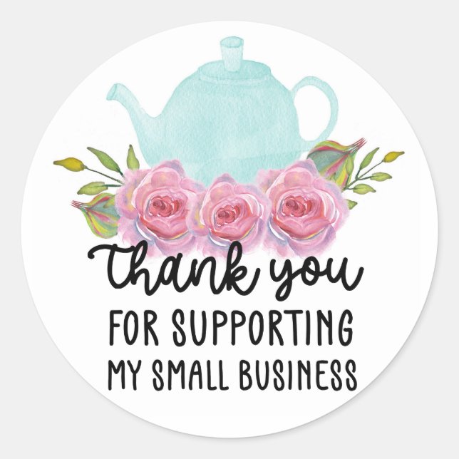 Pegatina Redonda Tetera acuarela Floral Gracias Pequeña Empresa (Anverso)
