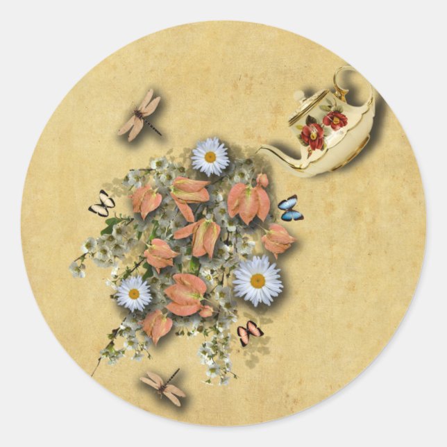 Pegatina Redonda Tetera con cosas de primavera - Pegatinas (Anverso)