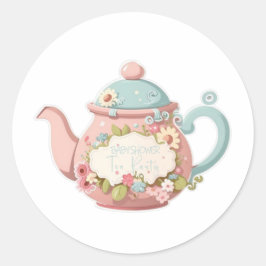 Pegatina Redonda Tetera de color rosa y azul con pegatinas florales