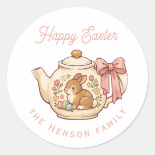 Pegatina Redonda Tetera de conejo de Pascua personalizada Floral Pa