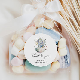 Pegatina Redonda Tetera de Hortensias Azules baby shower