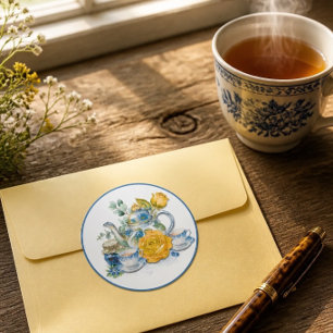 Pegatina Redonda Tetera de té azul y blanco de Chinoiserie Rosas Fi