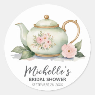 Pegatina Redonda Tetera Floral Acuarela de Moda Regalo de Despedida
