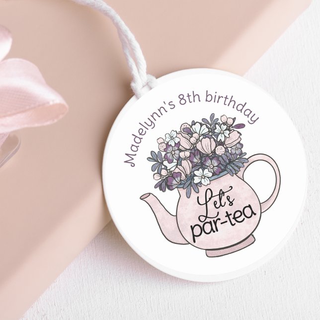 Pegatina Redonda Tetera Floral Fiesta de Cumpleaños Femenina de Té (Girls Birthday Tea Party Stickers - Use for tags or favor labels!)