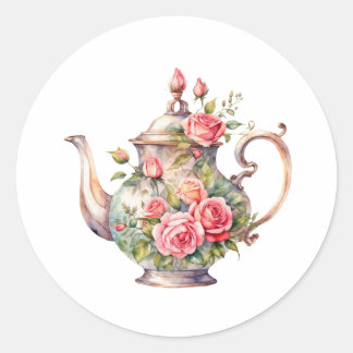 Pegatina Redonda Tetera floral vintage con Rosas